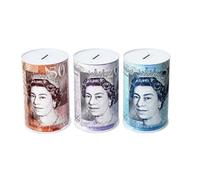 Bargain House Money Tin Saving Box, Cylindrical Piggy Bank for Notes and Change, Random £20 or £50 Note Design, for Kids and Adults (Random Tin will be sent Pack of 3)