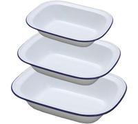 Bargains Crown Premium White Enamelware Oblong Pie Dish Set of 3 Blue Rim Oven Safe Retro Bakeware 24cm 26cm 30cm Baking Roasting Tray Oven to Table Pudding Shepherds Pie Family Set