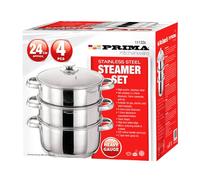 BARGAINS-GALORE 24cm Prima Steamer Set 4pcs Stainless Steel Cook Glass Lid Capsulated in Silver BARGAINS-GALORE Silver