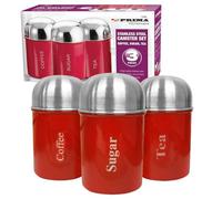 BARGAINS-GALORE 3Pc Canister Set - Stainless Steel, Coffee Tea Sugar Jars With Lids | Multi Purpose Canisters Storage Organisers Kitchen Food Storing Beans, Pasta, Dry Foods (Red)