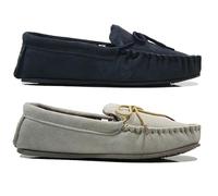 BARGAINS-GALORE Men's Cotton-Lined Suede Moccasin Slippers - Real Suede Leather Loafers with Soft Lining and Durable Rubber Outdoor (Navy, UK Footwear Size System, Adult, Men, Numeric, Medium, 12)