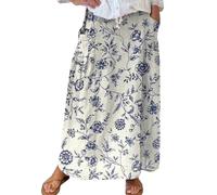 Bargains of The Day Sale Skirts for Women UK Women's Retro Floral Art Linen Elastic Waistband Pocket Skirt Long Boho Skirt Elastic Waist Skirts for Ladies Pleated Fashion Friendly Blue