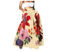 Bargains of The Day Sale Womens Skirts Summer Women Floral Print Skirt High Waist Party Beach Pocket Long Maxi Skirt Elastic Waist Skirts for Women A Line Pretty Fashion Beige