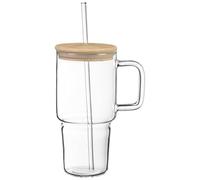 BargainsMania Glass Tumbler with Bamboo Lid 800ml - Lid Offers The Choice Between Using The Straw and Sipping from The Opening, While The Cover Prevents Any Accidental Leaking