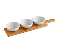 BargainsMania Set of 3 Serving Bowls with Bamboo Tray - Round - White Ceramic Bowls - Serving Dishes for Party Snack Food Condiments Dips Nibbles Crisp Nuts Tapas Olive Appetizer Soy Sauce - White