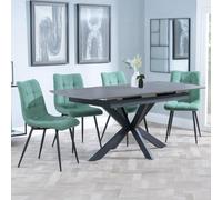 Bari Extending Dining Set - 4-6 Seater - 140cm-180cm - Grey Ceramic - Corona Dining Chair - Green Fabric