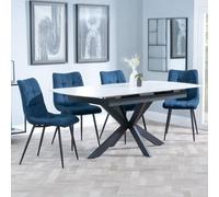 Bari Extending Dining Set - 4-6 Seater - 140cm-180cm - White Ceramic - Corona Dining Chair - Blue Fabric
