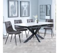 Bari Extending Dining Set - 4-6 Seater - 140cm-180cm - White Ceramic - Corona Dining Chair - Grey Fabric