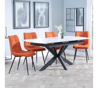 Bari Extending Dining Set - 4-6 Seater - 140cm-180cm - White Ceramic - Corona Dining Chair - Orange Fabric