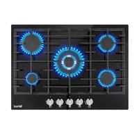 Baridi 70cm Built-In Gas Hob with 5 Burners, Cast Iron Pan Supports, Wok Burner and Auto Ignition, 11kW, Black Glass - DH228