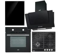 Baridi Kitchen Appliance Bundle 60cm, Integrated Fan-Assisted Oven, Black Glass Gas Hob, Angled Chimney Cooker Hood & Black Glass Splashback - DH391