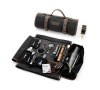 Barillio Bartender Kit Bag with Black Cocktail Shaker Set - Waxed Canvas, Traveling Bar Tools Bag with 17-Pc Cocktail Kit - Travel Mixology Bartending Kits - Mobile Bar Roll with Strap & Accessories