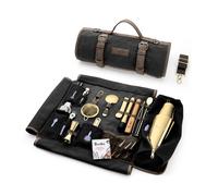 Barillio Bartender Kit Bag with Gold Cocktail Shaker Set - Waxed Canvas, Traveling Bar Tools Bag with 17-Pc Cocktail Kit - Travel Mixology Bartending Kits - Mobile Bar Roll with Strap & Accessories