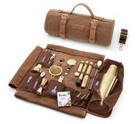 Barillio Bartender Kit Bag with Gold Cocktail Shaker Set - Waxed Canvas, Traveling Bar Tools Bag with 17-Pc Cocktail Kit - Travel Mixology Bartending Kits - Mobile Bar Roll with Strap & Accessories