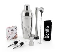 BARILLIO Elite Cocktail Shaker Set Bartender Kit by : 24 oz Stainless Steel Martini Mixer, Muddler, Mixing Spoon, Jigger, 2 Liquor pourers, Velvet Bag, Recipes Booklet & eBook