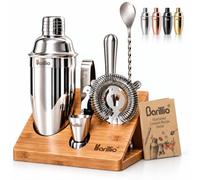 barillio Elite Mixology Bartender Kit Cocktail Shaker Set: Drink Mixer Set with Bar Tools, Sl amboo Stand, Velvet Carry Bag & Recipes Booklet Small Bartender Kit Silver