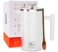 Barista Warrior French Press Coffee Maker - Double-Wall Stainless Steel Insulated French Press with Built-In Thermometer, Dual Filters Coffee Maker with Wooden Spoon - White