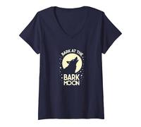 Bark at The Bark Moon: Howling Wolf Starry Night V-Neck T-Shirt, Women, Navy, S