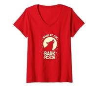 Bark at The Bark Moon: Howling Wolf Starry Night V-Neck T-Shirt, Women, Red, S