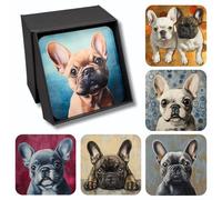 Barkers & More Art Deco French Bulldog Coasters 6 Different Designs Incl Gift Box Idea for Frenchie Dog Lovers Suitable for Christmas Birthday Mothers Fathers Day Thank You Gesture