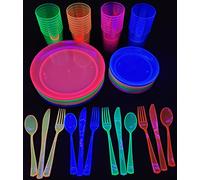 BarkinByrd 192 Piece Neon Black Light Party Service Set Serves 32 Guests with 32 9 Plates 32 6 plates 32 10 oz Cups 32 Deluxe Heavy Duty Forks Knives and Spoons Black Light UV Glow in The Dark Parties