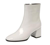 Barley Direct Ankle Boots for Women Patent Pointed Toe Booties Solid Chunky Heel Boots Leisure Side Zipper Retro Look Short Fancy Dress Party Shoes Mid Block Heels(White,6 UK)