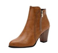 Barley Direct Ankle Boots for Women Patent Pointed Toe Booties Solid Chunky Heel Boots Leisure Side Zipper Retro Look Short Fancy Dress Party Shoes Mid Block Heels(Za Brown,7 UK)