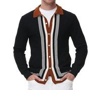 Barley Direct Men's Vintage Striped Long Sleeve Cardigan Sweater Contrast Color Collar Button Down Cable Ribbed Knitted Sweaters(Black,XXL)