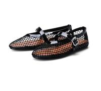 Barley Direct Mesh Ballet Flats for Women Fishnet Ballerina Flats Buckle Strap Mesh Ballet Shoes Wide Width Casual Summer Dress Flat Shoes(Black,4.5K-38)