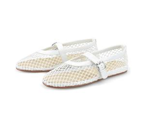 Barley Direct Mesh Ballet Flats for Women Fishnet Ballerina Flats Buckle Strap Mesh Ballet Shoes Wide Width Casual Summer Dress Flat Shoes(White,4.5K-38)