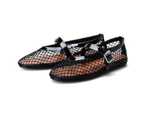 Barley Direct Mesh Ballet Flats for Women Fishnet Ballerina Flats Buckle Strap Mesh Ballet Shoes Wide Width Casual Summer Dress Flat Shoes(Black,4.5K-38)