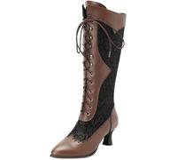 Barley Direct Women Victorian Vintage Knee High Boots Kitten Heel Pointed Toe Lace Up Knee Length Boots Pull On Long Boot(Brown,12 UK)