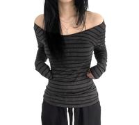 Barley Direct Womens Long Sleeve Grunge Aesthetic Shirts Striped Off Shoulder Tops Teen Girls Alt Emo Goth Streetwear Y2k Clothes(Small) Dark Grey