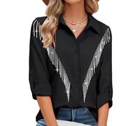 Barley Direct Womens Rhinestone Fringe Button Down Shirt Rolled 3/4 Sleeve Sparkly Top Concert Nashville Western Cowgirl Outfit(A-Black,L)