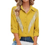 Barley Direct Womens Rhinestone Fringe Button Down Shirt Rolled 3/4 Sleeve Sparkly Top Concert Nashville Western Cowgirl Outfit(N-Yellow,XXL)