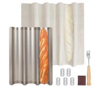Barlket Baguette Bread Pan, Perforated French Bread Baking Pan, Nonstick 3 Loaf Bread Pans for Baking, with Baguette Kit - Includes Proofing Cloth & Dough Cutter, 15x11 Inch Gold