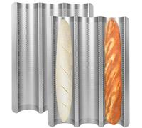 Barlket Baguette Bread Pan Set of 2, Silver Baguette Tray Perforated, Nonstick French Bread Baking Pan 3 Loaves, Oven Baking Gifts for Home Baker