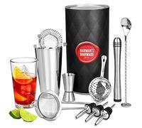 barman's barware kit by bar@drinkstuff | Premium with Boston tin & Glass, Jigger Measure, Muddler, Twisted Mixing Spoon, Pourers, Hawthorne Strainer, Julep Conical Sieve