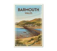 Barmouth, Wales - Romantic Coastal Travel Poster of the Beach, Bridge and Estuary Gi Print on Canvas