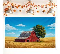 Barn Backdrop, Rustic Country Tree Wheat Fall Red Photography Background for Indoor Outdoor Party Event Celebration Decor 71x43 Inch