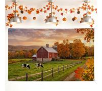 Barn Backdrop, Rustic Countryside Cows Trees Fall Red Background Banner for Photo Booth Photography Party Event Decor 71x43 Inch