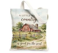 Barn Canvas Tote Bag for Women, Country Rustic Pathway Flowers Spring Green Washable Reusable Graphic Tote Bag Ideas for Fa, Green, 13x15 Inch