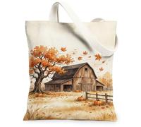 Barn Canvas Tote Bag, Rustic Charming Tree Pumpkins Fall Orange Market Tote 13x15 Inch, Orange, 13x15 Inch