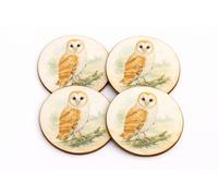 Barn Owl Art Coasters Set of 4, Watercolour Design, 9cm Round MDF with Cork Backing