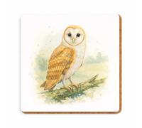 Barn Owl Coaster with Cork Backing, Watercolor Wildlife Design, Ceramic or MDF, Round or Square, 9-10.7cm (Square - Ceramic 10c)