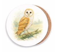 Barn Owl Coaster with Cork Backing, Watercolor Wildlife Design, Ceramic or MDF, Round or Square, 9-10.7cm (Round - Ceramic 10.7cm)