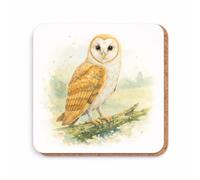 Barn Owl Coaster with Cork Backing, Watercolor Wildlife Design, Ceramic or MDF, Round or Square, 9-10.7cm (Square - MDF 9cm)