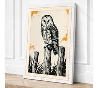 Barn Owl on Post Japandi Canvas Wall Art Print 18x12 Inch (46 x 30 cm)