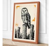 Barn Owl on Post Japandi Canvas Wall Art Print 30x20 Inch (76 x 51 cm)