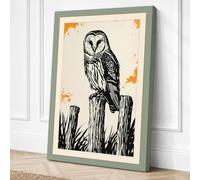 Barn Owl on Post Japandi Canvas Wall Art Print 30x20 Inch (76 x 51 cm)